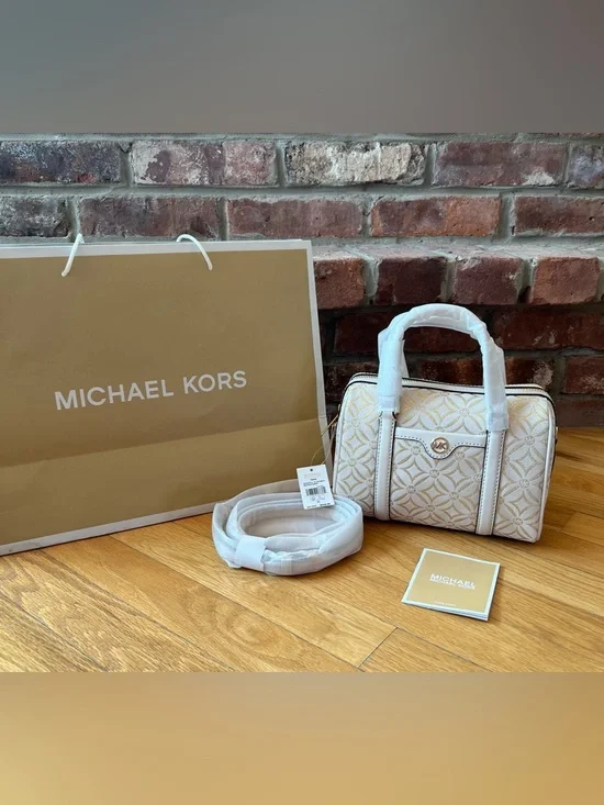 Michael Kors Ivory & Gold Travel Small Duffle Crossbody - Picture 1 of 14